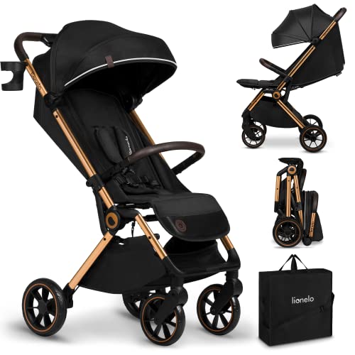 LIONELO Cloe Zusammenklappbarer Kinderwagen bis zu 22 kg, Verstellbare Rückenlehne Schlaffunktion, 5 Punkt Gurt Große Schwenkräder Moskitonetz Becherhalter Leichtgewicht Kompakt Wasserdicht (Schwarz)