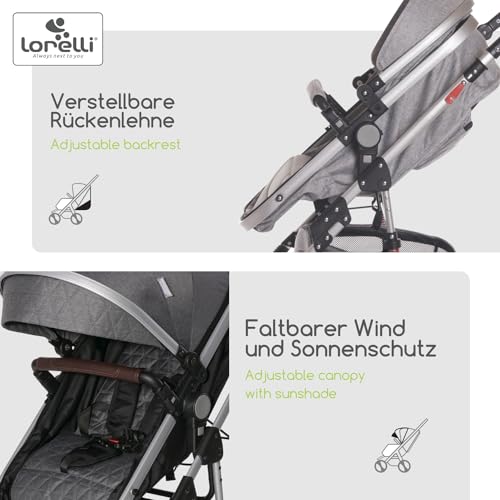 Lorelli Kinderwagen Alba 2 in 1 mit Federung, Umwandelbar in Sportsitz, Baby Kombikinderwagen bis 15kg, Zusammenklappbar, Große Gummireifen, Großer Einkaufskorb, Organizer Tasche, Grau