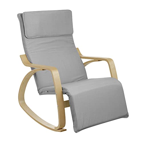 Baroni Home Schaukelstuhl mit Armlehnen aus Holz, ergonomisch, aus Stoff mit Kopfstütze und 5 Höhen verstellbaren Fußstütze. 150 kg belastbar, Wohn  oder Schlafzimmer, Grau, 82x67x98 cm