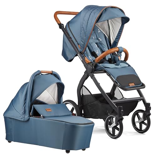 Gesslein Kinderwagen FX4 Swing mit Babywanne Panorama Lyx (Kinderwagen 3 in 1 mit Liege  und Sitzoption, inkl. Sportwagenaufsatz, individuell einstellbar, hoher Komfort, geringes Packmaß), Blau