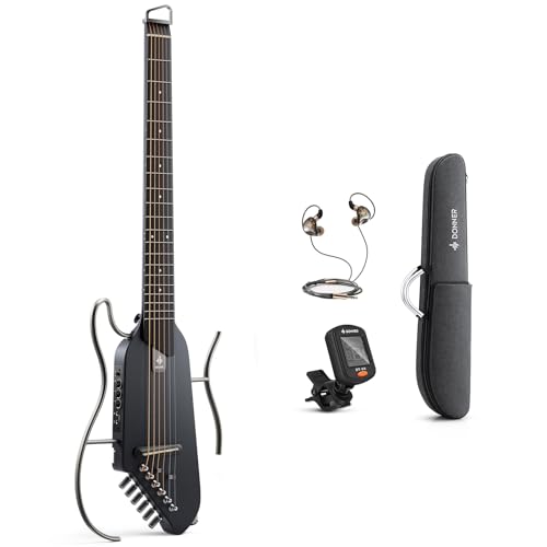 Donner HUSH I Leise Elektro Akustik Gitarre für Unterwegs, Kopfloser Tragbarer Reisegitarre, Ultraleichte Ahornkorpus mit abnehmbaren Rahmen, Gigbag und Zubehör