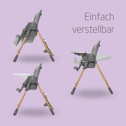 Maxi Cosi Minla Kinderhochstuhl Mitwachsend, 0–14 Jahre, bis zu 60 kg, Hochstuhl Baby, 9 Höhenstufen, 5 Neigungspositionen, 4 Tablettpositionen, kompakt faltbar, Essential Grey