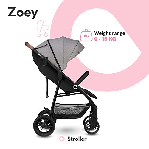 LIONELO Zoey Kinderwagen Buggy bis zu 15 kg, XXL Verdeck mit Sonnenschutz, Liegeposition, Fußstützenverstellung, EVA Schaumstoffräder, Moskitonetz, zusammenklappbar Grau