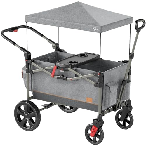 Busy Bee Faltbarer Wagon Kinderwagen für 2 Kinder, Push Pull Zusammenklappbarer Kinderwagen mit verstellbarem Lenker, abnehmbares Baldachin, 5 Punkt Gurt, stoßdämpfende Räder, Grau
