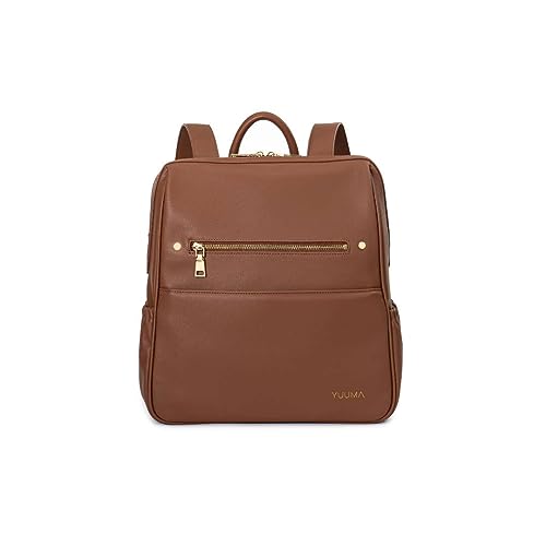 YUUMA Original Wickelrucksack – Babytasche aus veganem Leder – goldfarbener Reißverschluss – mehrere Taschen – leicht zu reinigendes Nylon Innenfutter, Zimt, Normal, Minimalistische Wickeltasche