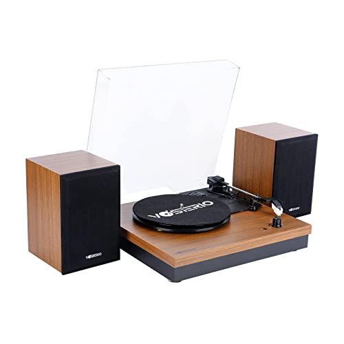 Vinyl Plattenspieler VOSTERIO Bluetooth Schallplattenspieler mit Zwei 15W Externe Lautsprecher HiFi Stereo Lautsprecher, 3 Gang 33/45/78 U/min，Bluetooth Eingang &amp; Ausgang, Aux in, Nussbaum