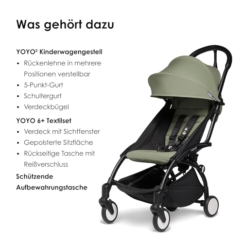 BABYZEN YOYO2 Kinderwagen (Kinderwagengestell Black und 6  Textile Set Olive)   Inklusive Gurt, Rückenlehne, Verdeckbügel, Schultergurt, Aufbewahrungstasche, Sitzpolster und farbgleichem Verdeck