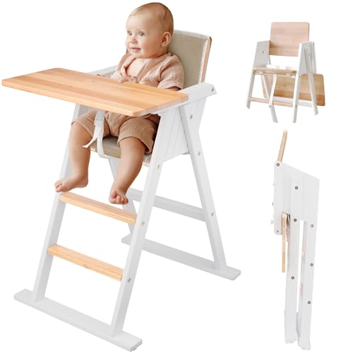 VILHA Premium Klapp Treppenhochstuhl, Baby Hochstuhl aus Holz Highchair ab 6 Monaten, der praktische Baby Treppenhochstuhl mit 3 Punkt Gurt, Platzsparend Kinderstuhl Holz 103 (Weiss Natur)