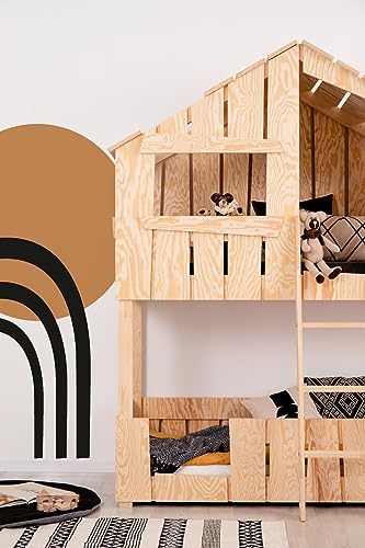 KidooCrafts Handgefertigtes Holzbett für Kleinkinder 90x180cm – Baumhaus Etagenbett für Kleinkinder – Cottage Bett – Etagenhütte – Spielhaus Hochbett   Einzigartiges Hausdesign