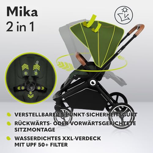 LIONELO Mika 2in1 Kombikinderwagen. Babywanne, Kinderwagen, Buggy. Regenschutz, Schultergurt zum Transport, Matratze, Moskitonetz, Fußabdeckung, wasserdichtes Material, Gummiräder (GREEN FOREST)