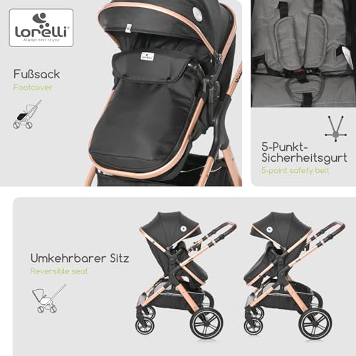 Lorelli Viola Kinderwagen 2 in 1, Umwandelbar in Sportsitz, Baby Kombikinderwagen bis 22kg, Zusammenklappbar, Große Gummireifen, Großer Einkaufskorb, Fußsack, PU Leder, Organizer Tasche, Schwarz