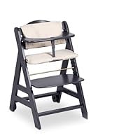 hauck Kinder Hochstuhl Beta , Mitwachsender Holz Babystuhl (FSC zertifiziert), Kinderhochstuhl ab 6 Monate mit Sitzkissen, Holz Essbrett und Schutzbügel, 5 Punkt Gurt und Schrittgurt (Dark Grey)
