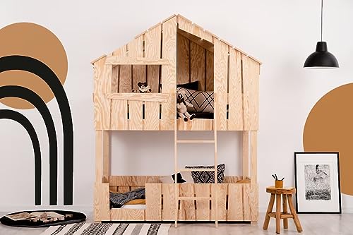 KidooCrafts Handgefertigtes Holzbett für Kleinkinder 90x180cm – Baumhaus Etagenbett für Kleinkinder – Cottage Bett – Etagenhütte – Spielhaus Hochbett   Einzigartiges Hausdesign