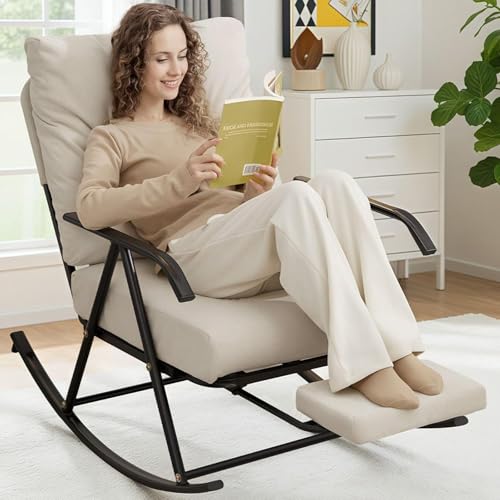COMAX Schaukelstuhl für Kinderzimmer, moderner Schaukelstuhl mit gepolstertem Sitz, Schaukelstuhl, hohe Rückenlehne, Sessel, bequemes Kissen für Wohnzimmer, Schlafzimmer, Beige