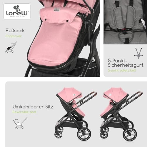 Lorelli Viola Kinderwagen 2 in 1, Umwandelbar in Sportsitz, Baby Kombikinderwagen bis 22kg, Zusammenklappbar, Große Gummireifen, Großer Einkaufskorb, Warmer Fußsack, PU Leder, Organizer Tasche, Rosa