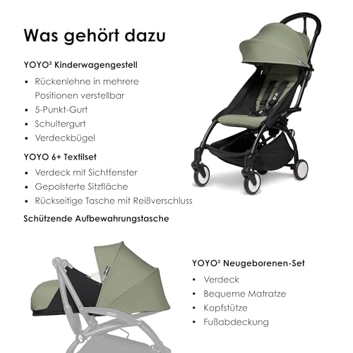 BABYZEN YOYO2 Kompletter Kinderwagen   Inklusive YOYO 0  Neugeborenen Set (Olive), Kinderwagengestell (Black) &amp; 6  Textilset (Olive)   für Kleinkinder bis 22 kg
