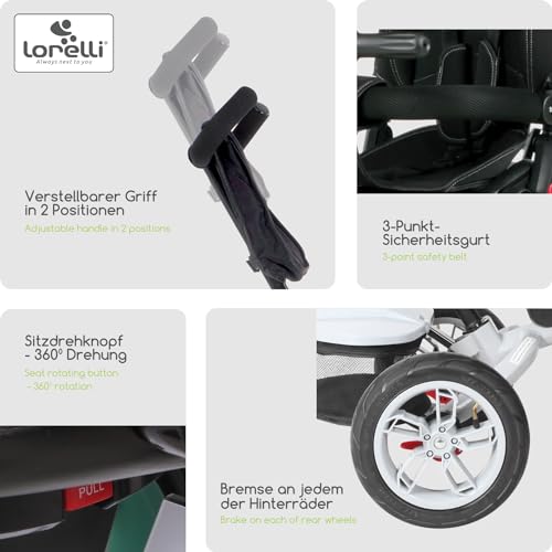 Lorelli Dreirad Speedy ab 1 Jahr mit Schubstange, Tricycle 360 drehbar, 3 Punkt Sicherheitsgurt, Verstellbarer Elterngriff, Freilaufrad Funktion, Luftreifen, Spielzeugkorb, rot schwarz