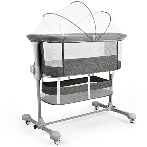 Maydolly Baby Beistellbett Babybetten 3 in 1 Reisebett Babybett mit weich Matratze und Moskitonetz verstellbares und tragbares Zustellbett für Kleinkinder Grau