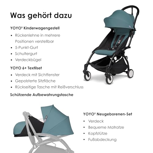BABYZEN YOYO2 Kompletter Kinderwagen   Inklusive YOYO 0  Neugeborenen Set (Aqua), Kinderwagengestell (Black) &amp; 6  Textilset (Aqua)   für Kleinkinder bis 22 kg