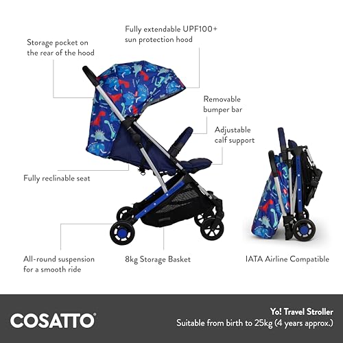 COSATTO Yo, Reisekinderwagen   leicht, kompakt, klappbar von Geburt an bis 25 kg   flugzeugtauglich, einfaches Zusammenklappen mit einer Hand, großer 8 kg Einkaufskorb mit Regenschutz (Dino Bright)