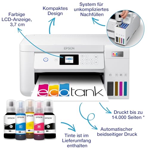 Epson EcoTank ET 2856 A4 Multifunktions Wi Fi Tintentankdrucker, mit einem im Lieferumfang enthaltenen Vorrat an Tinten bis zu 3 Jahren