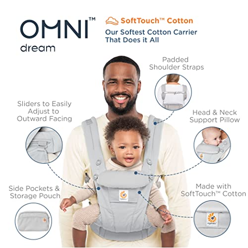 Ergobaby Omni Dream Babytrage für Neugeborene ab Geburt bis 20kg, 4 Positionen SoftTouch Cotton Ergonomische Babybauchtrage Rückentrage Baby Tragetasche, Natural Dots