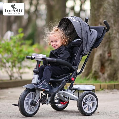 Lorelli Dreirad Speedy ab 1 Jahr mit Schubstange, Tricycle 360 drehbar, 3 Punkt Sicherheitsgurt, Verstellbarer Elterngriff, Freilaufrad Funktion, Luftreifen, Spielzeugkorb, rot schwarz