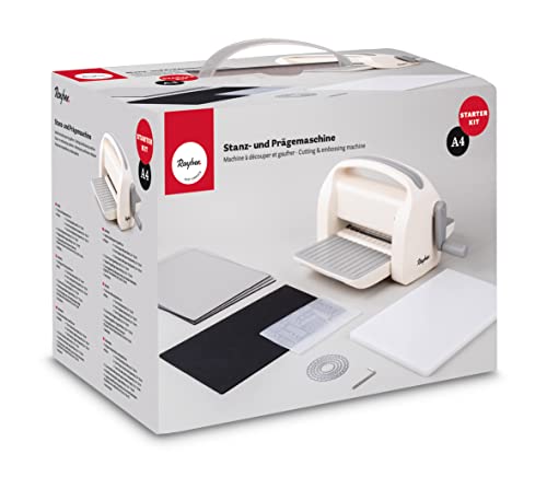Rayher Stanz und Prägemaschine A4, mit verschiedenen Stanzplatten und Prägeschablonen, Starter Kit, Öffnung 22,5 cm, 12 tlg., flexibel durch handliche Größe, in praktischer Tragebox, 50275000, Weiß