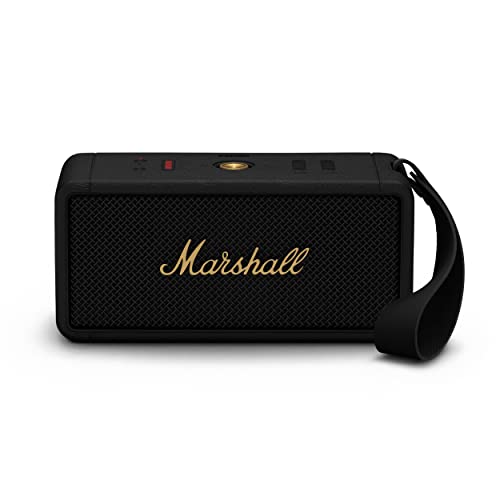 Marshall Middleton kabelloser tragbarer Bluetooth Lautsprecher, über 20 Stunden tragbare Spielzeit, wasserfest IP67 – Schwarz und Messing