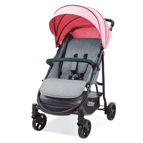 Asalvo MANCHESTER Kinderwagen/Einfach zusammenklappbar/Leicht und kompakt/geräumiger und bequemer Sitz/Voll kippbare Rückenlehne/Ausziehbare Verdeck mit Visier/Räder mit Aufhängung/Rosa