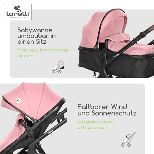 Lorelli Viola Kinderwagen 2 in 1, Umwandelbar in Sportsitz, Baby Kombikinderwagen bis 22kg, Zusammenklappbar, Große Gummireifen, Großer Einkaufskorb, Warmer Fußsack, PU Leder, Organizer Tasche, Rosa