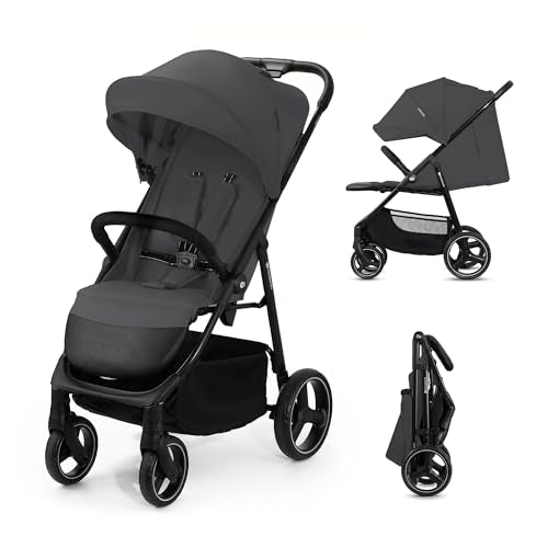 Kinderkraft TRIG 3 Kinderwagen, Kinderbuggy, Liegewagen, Sportwagen, Buggy, Zusammenklappen, Breite und tiefe Sitz, mit Liegeposition, 4 Rad Dämpfung, Große Dach, 5 Punkt Gurt, bis zu 25 kg, Grau