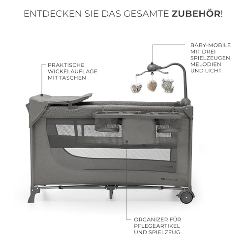 Kinderkraft JOY 2 ACC Kinderbett, 3 in 1 Kinderreisebett, Babybetten, Kinderbett, Reisebett, Modernes Design, Kleine Abmessungen nach Zusammenklappe, Praktisches Zubehör, Räder, Dunkelgrau