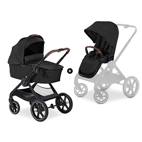 hauck 2in1 Kinderwagen mit Luftreifen Walk N Care Air Set ab Geburt bis 22 kg   3 kg Korb, Wanne mit Memory Knöpfen, Sitz mit Liegefunktion Wendbar Höhenverstellbar, Teleskopgriff, UPF 50  (Black)