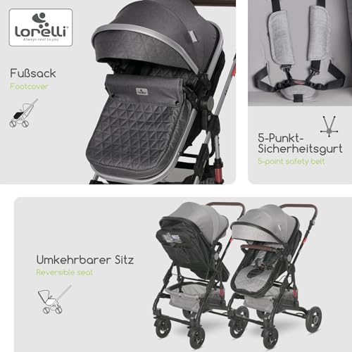 Lorelli Kinderwagen Alba 2 in 1 mit Federung, Umwandelbar in Sportsitz, Baby Kombikinderwagen bis 15kg, Zusammenklappbar, Große Gummireifen, Großer Einkaufskorb, Organizer Tasche, Grau