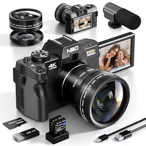 NBD Digitalkamera 4 K 48 MP Autofokus mit Weitwinkelobjektiv und Makro, 16 facher Zoom, 32 GB Karte und Mikrofon, Filmbildschirm 3,0 Zoll 180°, Kompaktkamera für Anfänger NBD U 2409 (Schwarz)