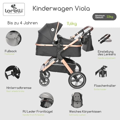 Lorelli Viola Kinderwagen 2 in 1, Umwandelbar in Sportsitz, Baby Kombikinderwagen bis 22kg, Zusammenklappbar, Große Gummireifen, Großer Einkaufskorb, Fußsack, PU Leder, Organizer Tasche, Schwarz