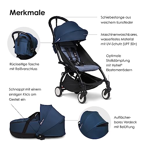 BABYZEN YOYO2 Kompletter Kinderwagen   Inklusive YOYO Liegewanne (Navy Blue), Kinderwagengestell (Black) &amp; 6  Textilset (Air France Blue)   für Kleinkinder bis 22 kg