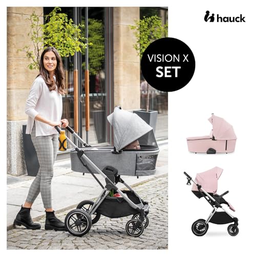 hauck 2 in 1 Kinderwagenset Vision X Set ab Geburt bis 22 kg mit Babywanne, wendbaren Sportsitz mit Beindecke und Liegefunktion, UPF 50 , Gummiräder, Getränkehalter, Zusammenklappbar (Melange Rose)