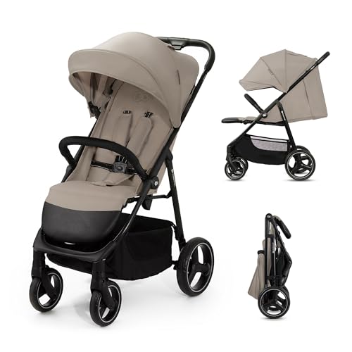 Kinderkraft TRIG 3 Kinderwagen, Kinderbuggy, Liegewagen, Sportwagen, Buggy, Zusammenklappen, Breite und tiefe Sitz, mit Liegeposition, 4 Rad Dämpfung, Große Dach, 5 Punkt Gurt, bis zu 25 kg, Beige