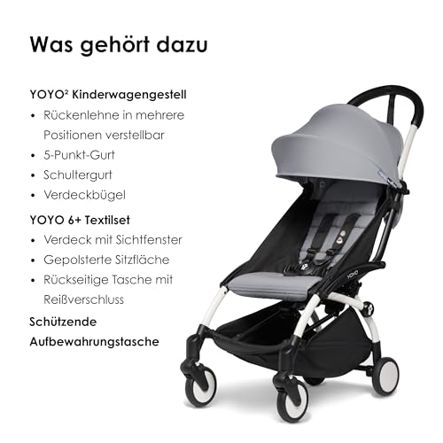 BABYZEN YOYO2 Kinderwagen (Kinderwagengestell White und 6  Textile Set Stone)   Inklusive Gurt, Rückenlehne, Verdeckbügel, Schultergurt, Aufbewahrungstasche, Sitzpolster und farbgleichem Verdeck