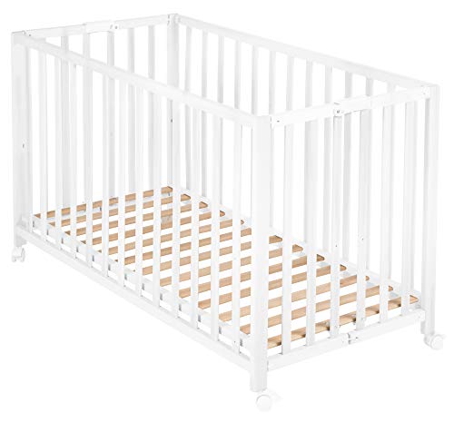 roba Klappbett Fold Up 60 x 120   Klappbares Babybett aus Holz   2 fach höhenverstellbar   Platzsparendes Gitterbett auf Rollen   Weiß