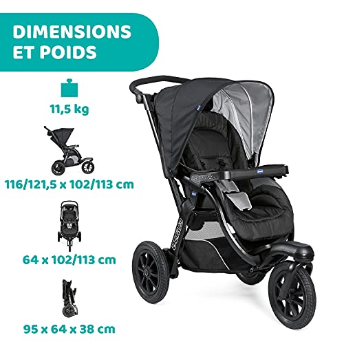 Chicco Activ3 Kinderwagen mit 3 Rädern, leicht zu fahren in jedem Gelände, breiter Sitz, verstellbare Rückenlehne, praktischer Verschluss, verstellbare Stoßdämpfer, 0 Monate , Jet Black