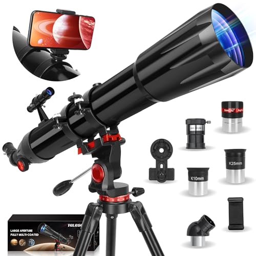 HETEKAN Teleskop, Teleskop Astronomie für Erwachsene, 90 mm Öffnung 900 mm, Profi Refraktor Teleskop für Kinder und Anfänger, Vergrößerung (36X 450X), zur Beobachtung von Planeten mit Edelstahlstativ