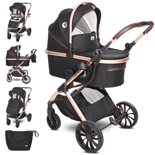 Lorelli Kinderwagen Glory 2 in 1 inkl. Babywanne und Sportsitz, Baby Kombikinderwagen bis 22kg, Zusammenklappbar, Große Gummireifen, Großer Einkaufskorb, Fußsack, Federung, Organizer Tasche, Schwarz