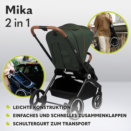 LIONELO Mika 2in1 Kombikinderwagen. Babywanne, Kinderwagen, Buggy. Regenschutz, Schultergurt zum Transport, Matratze, Moskitonetz, Fußabdeckung, wasserdichtes Material, Gummiräder (GREEN FOREST)