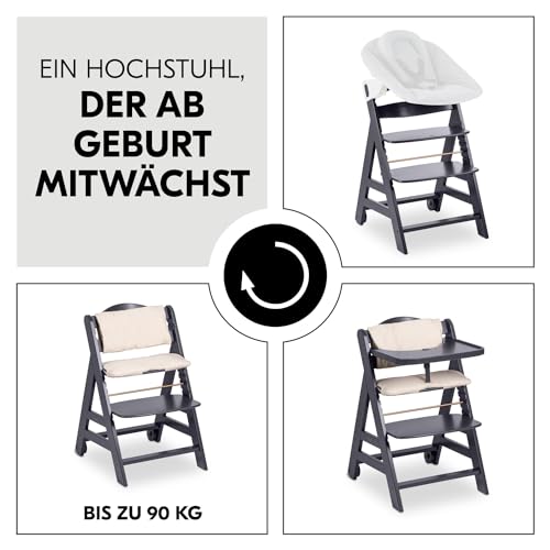 hauck Kinder Hochstuhl Beta , Mitwachsender Holz Babystuhl (FSC zertifiziert), Kinderhochstuhl ab 6 Monate mit Sitzkissen, Holz Essbrett und Schutzbügel, 5 Punkt Gurt und Schrittgurt (Dark Grey)