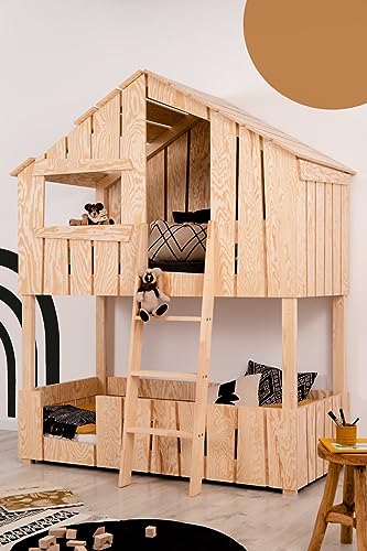 KidooCrafts Handgefertigtes Holzbett für Kleinkinder 90x180cm – Baumhaus Etagenbett für Kleinkinder – Cottage Bett – Etagenhütte – Spielhaus Hochbett   Einzigartiges Hausdesign