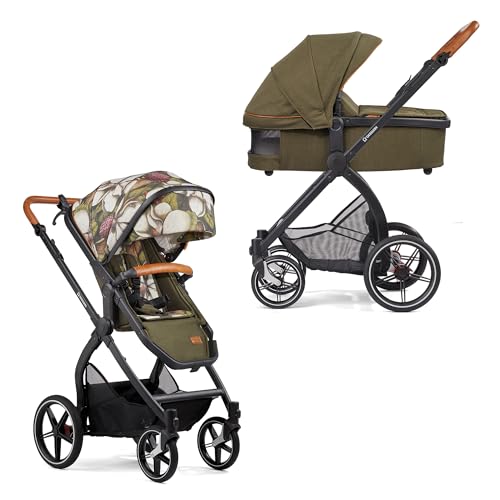 Gesslein Kinderwagen FX4 Set Life mit Babywanne Panorama Relax (Kinderwagen 3 in 1, Liege  &amp; Sitzoption, Bodenbelüftung, individuell einstellbar, geringes Packmaß, Handbremse), Moos Grün