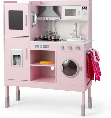 FANTASK Kinderküche mit 16 Spielzubehörteilen, Spielzeugküche für Kinder ab 2 JahrenHolzspielküche inkl. Dunstabzugshaube &amp; Eismaschine &amp; Telefon &amp; Waschmaschine, rosa (83 x 29 x 103 cm)